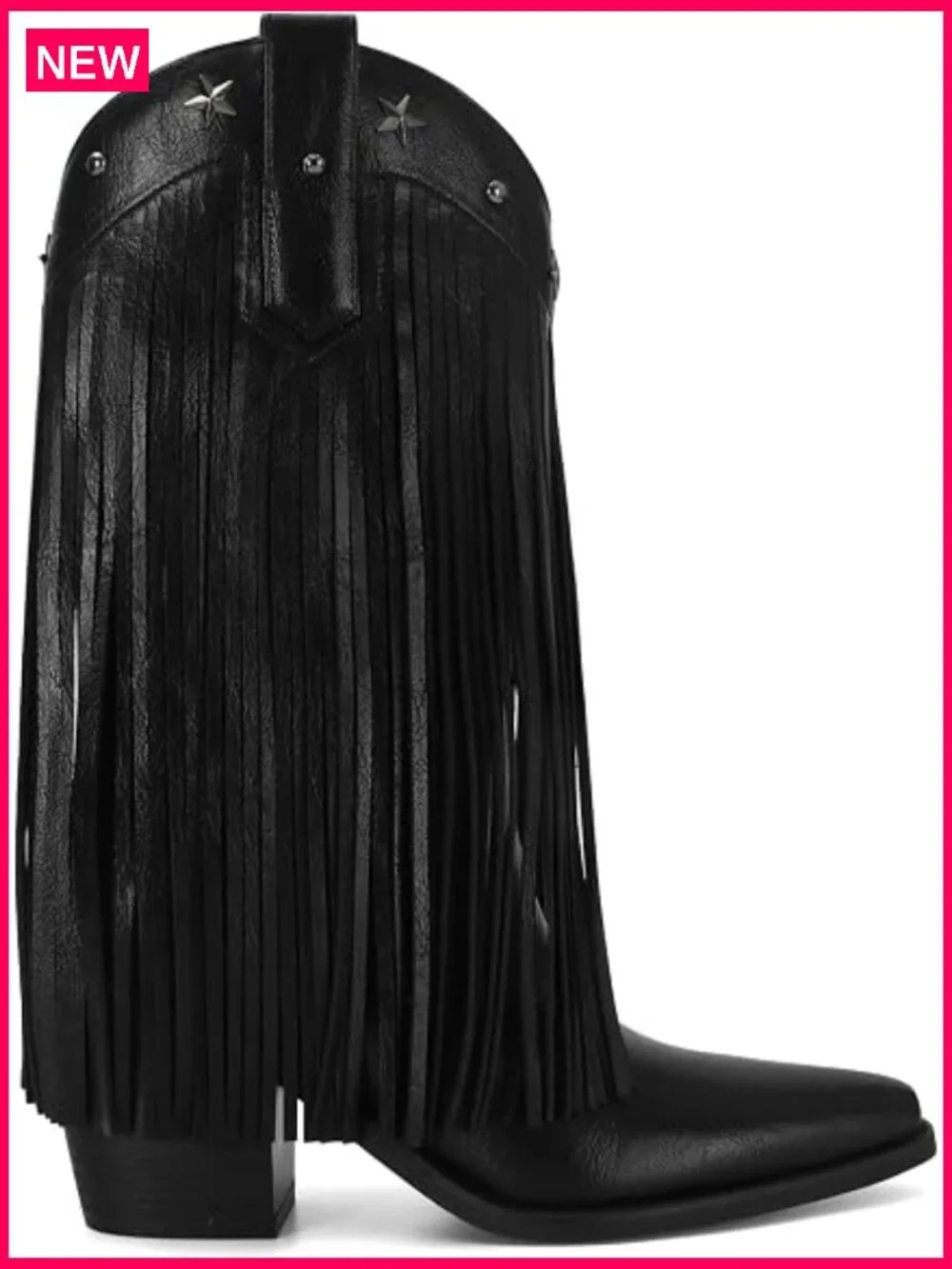 Fringe Western Boots Mid Calf Chunky Heel Pointed Toe Pull On Cowgirl Boots